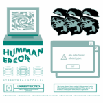 Imagem de design gráfico para uma marca de streetwear chamada "Human Error", apresentando um computador com um padrão espiral, rostos de pessoas com faixas nos olhos e janelas de erro com mensagens provocativas. Ideal para promover roupas urbanas e uma estética ousada.