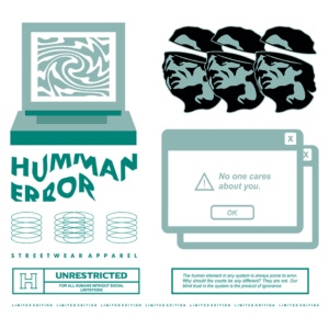 Imagem de design gráfico para uma marca de streetwear chamada "Human Error", apresentando um computador com um padrão espiral, rostos de pessoas com faixas nos olhos e janelas de erro com mensagens provocativas. Ideal para promover roupas urbanas e uma estética ousada.
