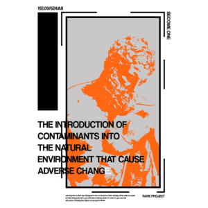 Imagem com texto informativo sobre a introdução de contaminantes no meio ambiente natural, destacando os efeitos adversos dessa ação. O design apresenta uma figura estilizada em laranja sobre fundo cinza, relacionada ao projeto Rape.