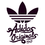 Logo da marca Adidas Originals, destacando o design icônico da folhagem com três listras, acompanhado pelo texto estilizado "Adidas Originals" e "1949".
