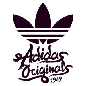 Logo da marca Adidas Originals, destacando o design icônico da folhagem com três listras, acompanhado pelo texto estilizado "Adidas Originals" e "1949".