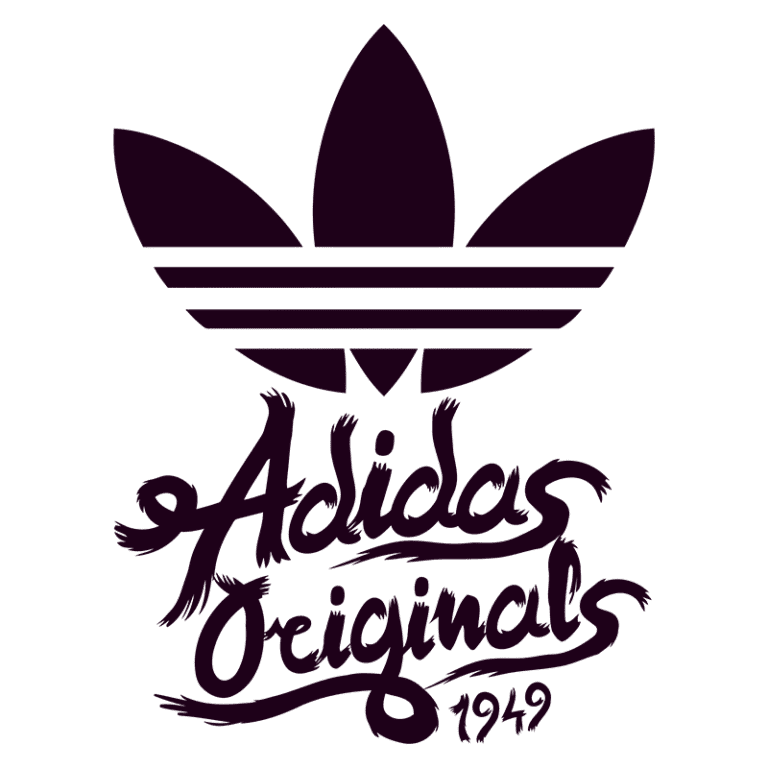 Logo da marca Adidas Originals, destacando o design icônico da folhagem com três listras, acompanhado pelo texto estilizado "Adidas Originals" e "1949".