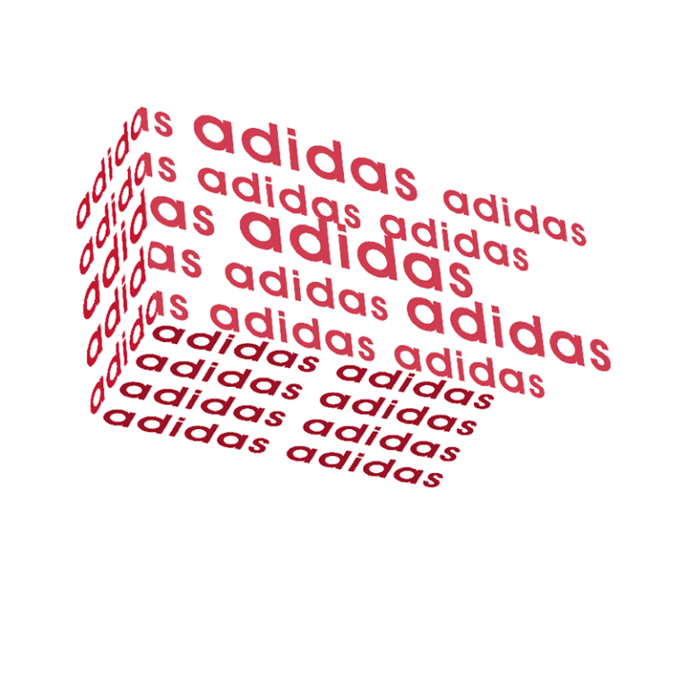 Imagem com a palavra "adidas" repetida em diferentes tamanhos e estilos, formando um padrão 3D. Ideal para representações visuais da marca e produtos da Adidas.