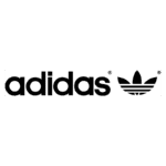 Logo da marca Adidas, com o nome em letras maiúsculas pretas e o icônico símbolo de um trevo na cor preta, representando a identidade da marca no mundo esportivo.