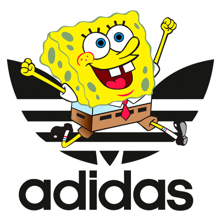 SpongeBob SquarePants vestido com camisa e gravata, correndo animadamente em frente ao logo da Adidas, destacando uma colaboração divertida entre o personagem icônico e a marca de moda esportiva.
