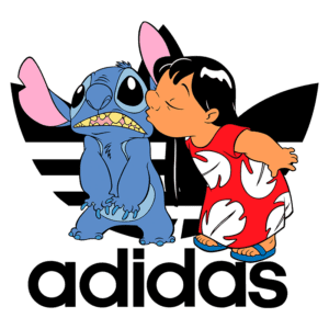 Imagem de Stitch e Lilo, personagens da Disney, se beijando com o logotipo da Adidas ao fundo. A arte combina elementos de cultura pop e moda, destacando a colaboração entre Disney e Adidas.