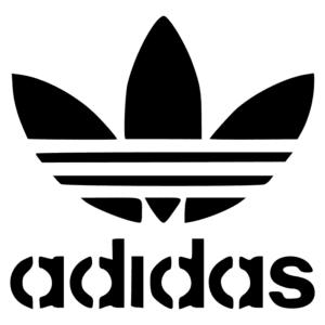 Logotipo da Adidas, apresentando a icônica tração de três folhas e o nome da marca em letras minúsculas. Ideal para representar moda esportiva e estilo urbano.