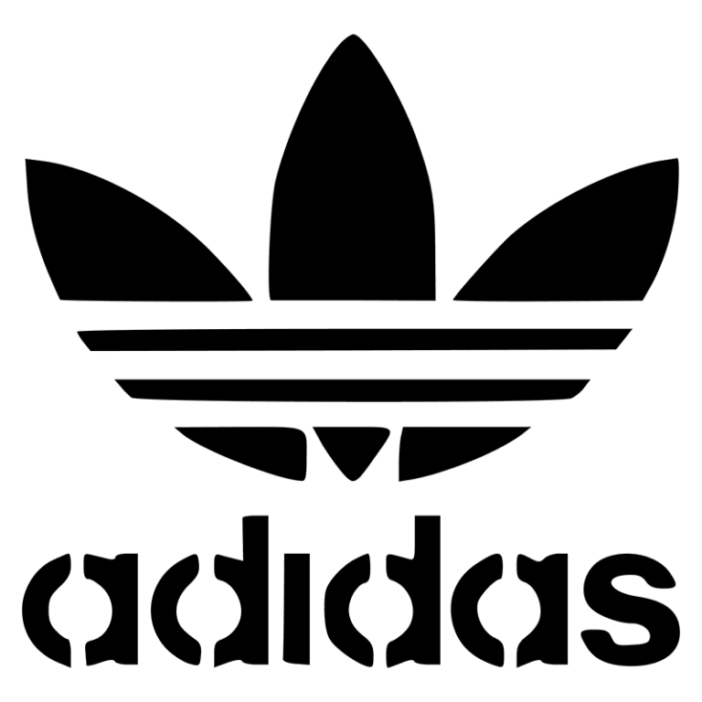 Logotipo da Adidas, apresentando a icônica tração de três folhas e o nome da marca em letras minúsculas. Ideal para representar moda esportiva e estilo urbano.