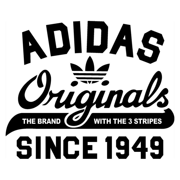 Logo da Adidas Originals, destacando a marca com três listras, estabelecida em 1949. Design icônico em preto e branco.