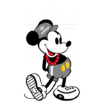 Mickey Mouse vestindo roupas da Adidas, com boné e tênis, posando em frente ao logo da marca. Estilo urbano e moderno, destacando a colaboração entre Disney e Adidas.