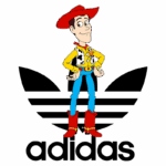 Personagem animado vestido de cowboy com chapéu vermelho, camisa amarela e botas vermelhas, posicionado sobre o logo da Adidas. Ideal para promover a fusão entre cultura pop e moda esportiva.