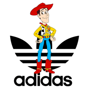 Personagem animado vestido de cowboy com chapéu vermelho, camisa amarela e botas vermelhas, posicionado sobre o logo da Adidas. Ideal para promover a fusão entre cultura pop e moda esportiva.