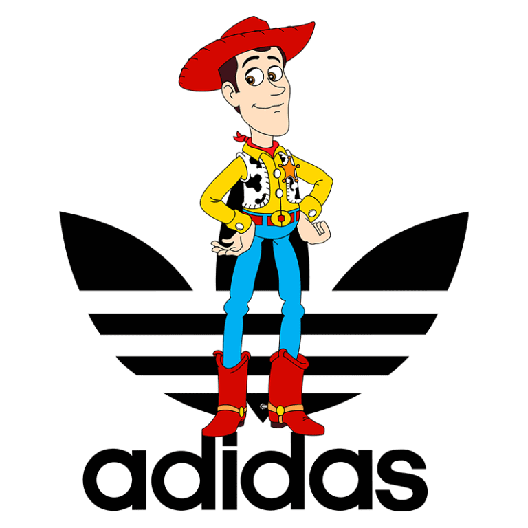 Personagem animado vestido de cowboy com chapéu vermelho, camisa amarela e botas vermelhas, posicionado sobre o logo da Adidas. Ideal para promover a fusão entre cultura pop e moda esportiva.