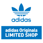 Logo da Adidas Originals com a inscrição "LIMITED SHOP" em fundo azul, destacando a marca e a coleção exclusiva.