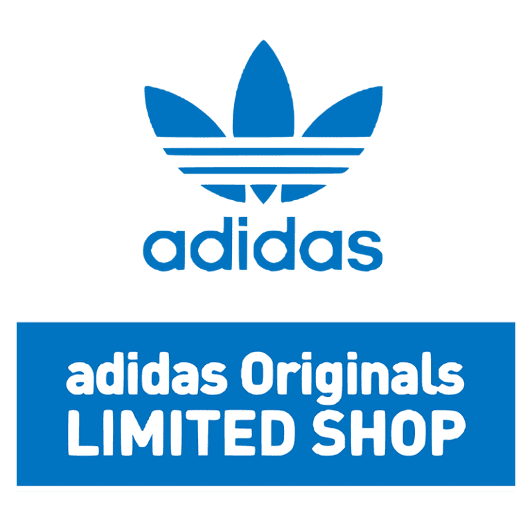 Logo da Adidas Originals com a inscrição "LIMITED SHOP" em fundo azul, destacando a marca e a coleção exclusiva.