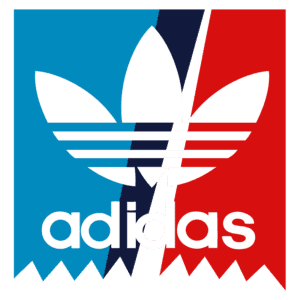 Logotipo da Adidas com fundo azul e vermelho, destacando as icônicas três listras e a folha estilizada, representando a marca de moda esportiva e seu compromisso com o design inovador.