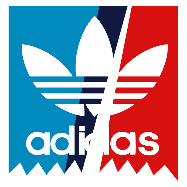 Logotipo da Adidas com fundo azul e vermelho, destacando as icônicas três listras e a folha estilizada, representando a marca de moda esportiva e seu compromisso com o design inovador.