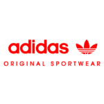 Logotipo da Adidas com a inscrição "adidas ORIGINAL SPORTWEAR" em letras vermelhas, acompanhado do icônico símbolo da marca. Ideal para identificar produtos de vestuário esportivo autênticos.