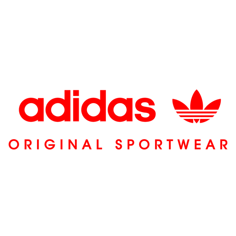 Logotipo da Adidas com a inscrição "adidas ORIGINAL SPORTWEAR" em letras vermelhas, acompanhado do icônico símbolo da marca. Ideal para identificar produtos de vestuário esportivo autênticos.