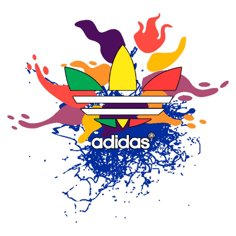 Logo da Adidas com design colorido, apresentando as três listras características e um fundo abstrato de tinta. Ideal para associação com moda e estilo urbano.