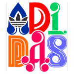 Logotipo colorido da Adidas com variações tipográficas, incluindo o famoso símbolo das três listras e diferentes estilos de letras representando a marca em um design criativo e moderno.