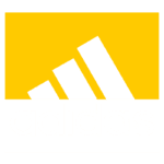 Logotipo da Adidas com fundo amarelo, apresentando três listras pretas inclinadas e o nome "adidas" em letras minúsculas verdes na parte inferior. Ideal para identificar produtos esportivos e moda atlética.