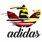 Logotipo da Adidas com traços vibrantes em amarelo, vermelho e preto, destacando o icônico design das três listras.
