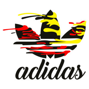 Logotipo da Adidas com traços vibrantes em amarelo, vermelho e preto, destacando o icônico design das três listras.