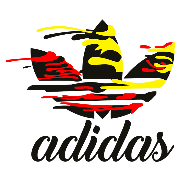 Logotipo da Adidas com traços vibrantes em amarelo, vermelho e preto, destacando o icônico design das três listras.