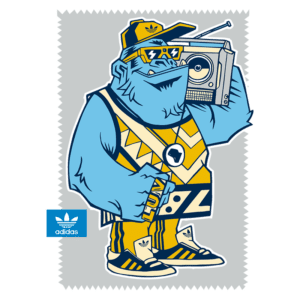 Ilustração de um personagem azul estilizado com roupas vibrantes da Adidas, segurando um rádio e um copo, representando a cultura streetwear e o estilo urbano. Logotipo da Adidas visível no canto inferior esquerdo.