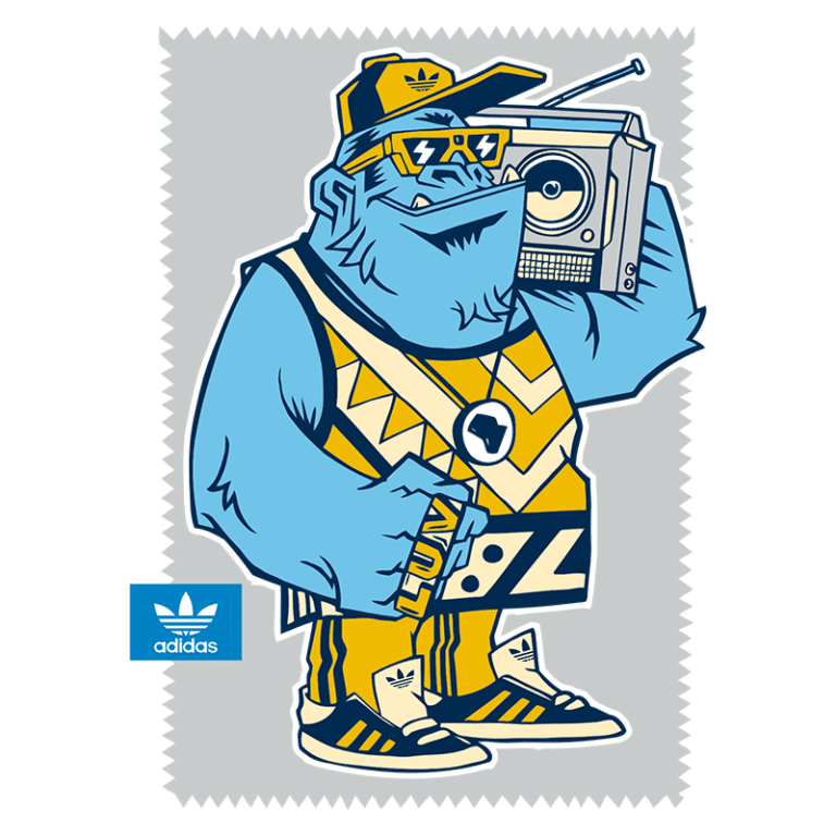 Ilustração de um personagem azul estilizado com roupas vibrantes da Adidas, segurando um rádio e um copo, representando a cultura streetwear e o estilo urbano. Logotipo da Adidas visível no canto inferior esquerdo.
