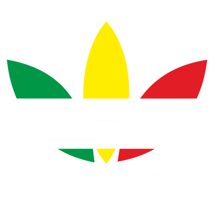 Logotipo da Adidas com design clássico, apresentando uma folha estilizada em verde, amarelo e vermelho, e três listras brancas na parte inferior.