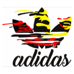 Logotipo da Adidas com uma arte de cores vibrantes, destacando as famosas três listras e o nome "adidas" em uma fonte estilizada. Ideal para representar estilo e esporte.