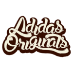 Logotipo vintage da Adidas Originals com tipografia estilizada em letras cursivas, em cores claras sobre fundo escuro.