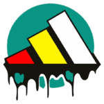 Logotipo estilizado com triângulos coloridos em vermelho, amarelo e branco, sob um fundo teal, com efeito de tinta escorrendo na parte inferior, representando criatividade e arte urbana.