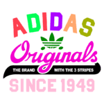 Logo da Adidas Originals, destacando as cores vibrantes e a icônica folha verde, com a mensagem "A marca com as 3 listras" e "Desde 1949".
