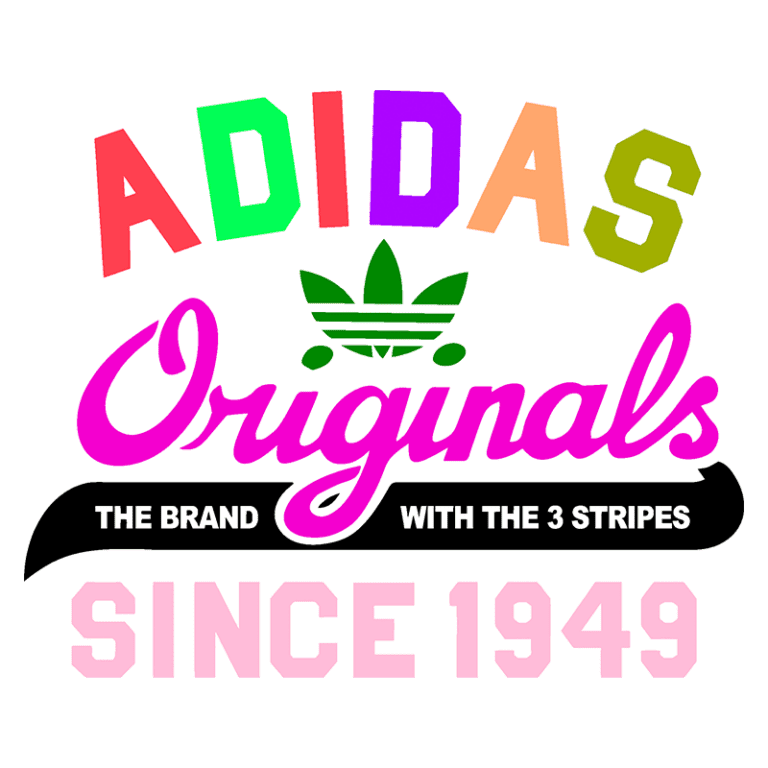 Logo da Adidas Originals, destacando as cores vibrantes e a icônica folha verde, com a mensagem "A marca com as 3 listras" e "Desde 1949".