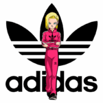 Personagem de anime vestindo roupa rosa da Adidas, posando em frente ao icônico logo da marca.