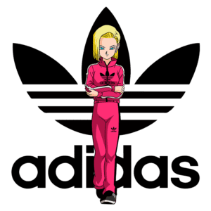Personagem de anime vestindo roupa rosa da Adidas, posando em frente ao icônico logo da marca.