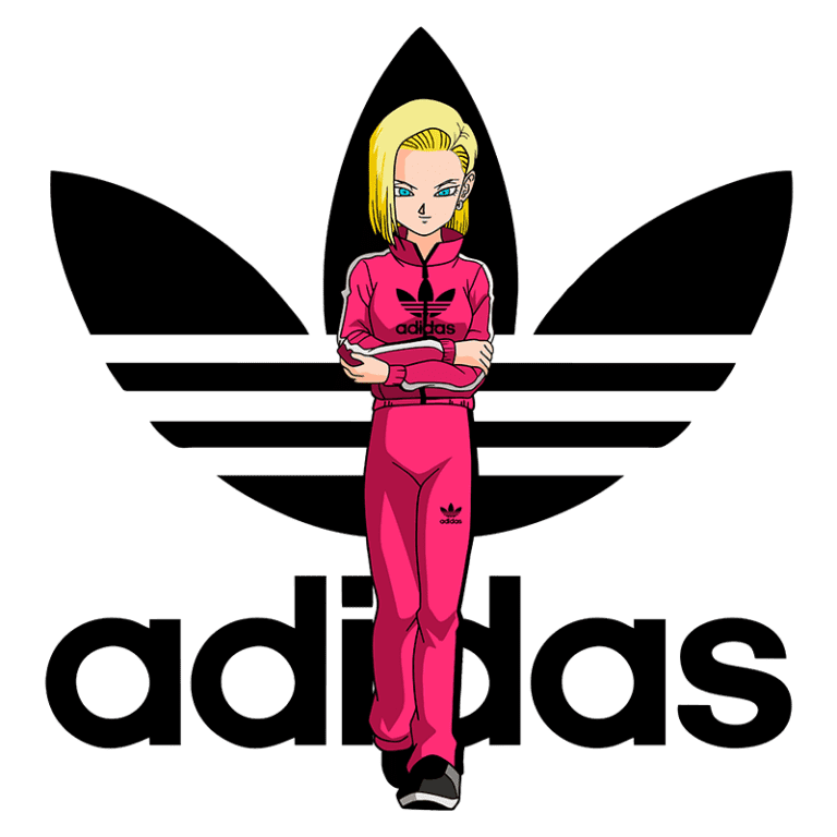 Personagem de anime vestindo roupa rosa da Adidas, posando em frente ao icônico logo da marca.