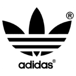 Logotipo da Adidas, apresentando o icônico símbolo com três folhas e três listras horizontais, representando a marca de moda esportiva.
