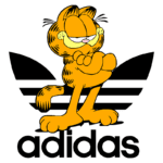 Imagem do personagem Garfield em uma pose descontraída, sobreposto ao logotipo da Adidas, com as icônicas três listras ao fundo. O design combina humor e estilo, representando uma fusão entre cultura pop e moda esportiva.