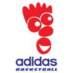 Logotipo da Adidas Basketball com um design estilizado em vermelho e azul, apresentando uma figura facial divertida e ousada, simbolizando a energia e dinamismo do basquete.