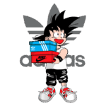 Ilustração de um personagem de desenho animado segurando caixas de tênis das marcas Adidas e Nike, com logotipo da Adidas ao fundo, representando um estilo urbano e jovem.