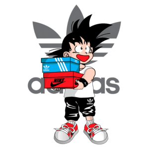 Ilustração de um personagem de desenho animado segurando caixas de tênis das marcas Adidas e Nike, com logotipo da Adidas ao fundo, representando um estilo urbano e jovem.