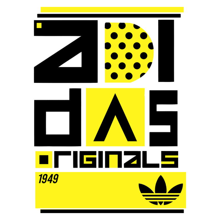Logotipo da Adidas Originals em amarelo e preto, destacando o ano 1949, com design geométrico e a famosa folha de trevo da marca.