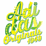 Design gráfico vibrante com a frase “Aí estão Originais 1949” em estilo tipográfico criativo, apresentando uma paleta de cores em amarelo e verde, ideal para identificar produtos ou campanhas relacionadas a marca registrada.