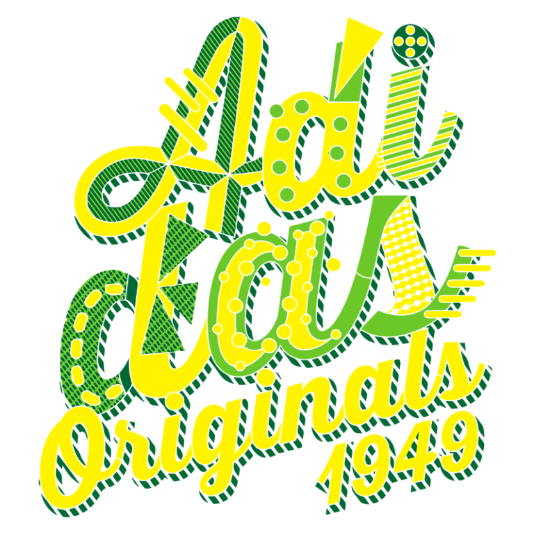 Design gráfico vibrante com a frase “Aí estão Originais 1949” em estilo tipográfico criativo, apresentando uma paleta de cores em amarelo e verde, ideal para identificar produtos ou campanhas relacionadas a marca registrada.