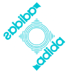 Logo da Adidas em formato diamante, com a palavra "adidas" em várias orientações e um símbolo triângulo centralizado, representando inovação e estilo no design esportivo.