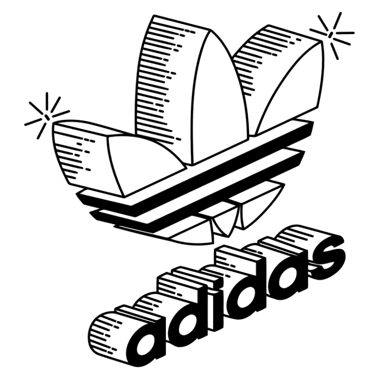 Logotipo da marca Adidas com design estilizado, apresentando as icônicas três folhas e o nome "adidas" em letras grossas.